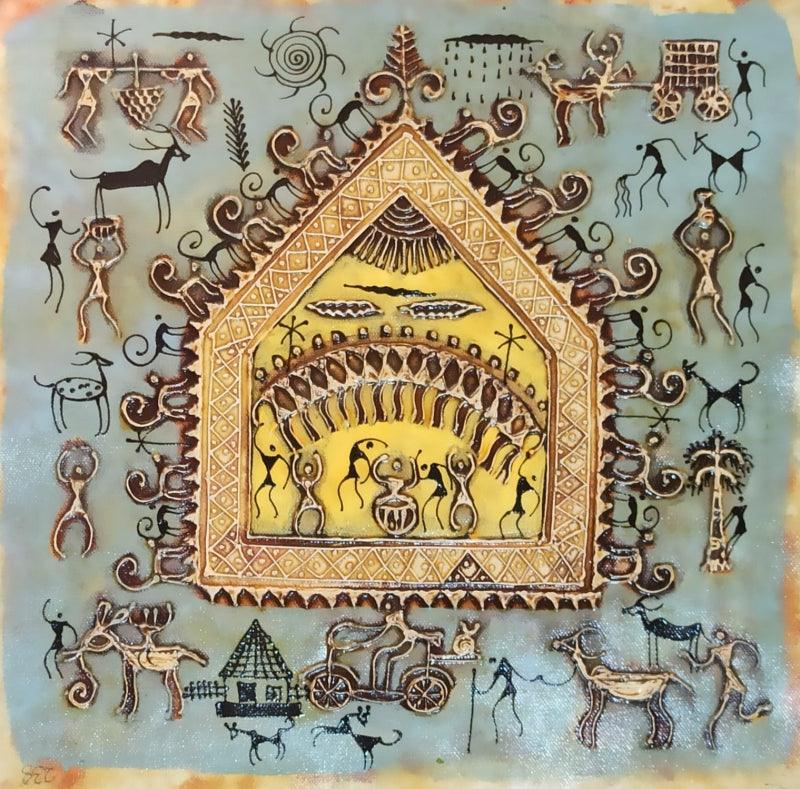 Figurative warli traditional art titled 'Warli Art 16', 12x12 inches, by artist Pradeep Swain on Canvas