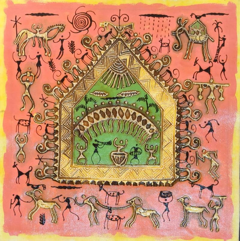 Figurative warli traditional art titled 'Warli Art 17', 12x12 inches, by artist Pradeep Swain on Canvas