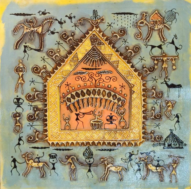 Figurative warli traditional art titled 'Warli Art 18', 12x12 inches, by artist Pradeep Swain on Canvas