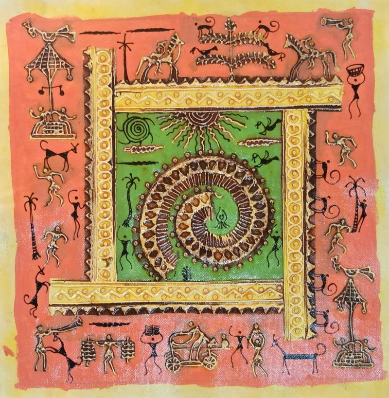 Figurative warli traditional art titled 'Warli Art 19', 12x12 inches, by artist Pradeep Swain on Canvas