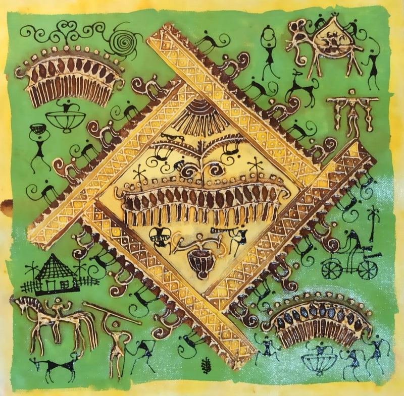 Figurative warli traditional art titled 'Warli Art 20', 12x12 inches, by artist Pradeep Swain on Canvas