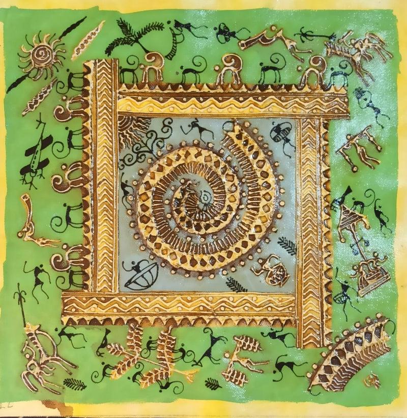 Figurative warli traditional art titled 'Warli Art 22', 12x12 inches, by artist Pradeep Swain on Canvas