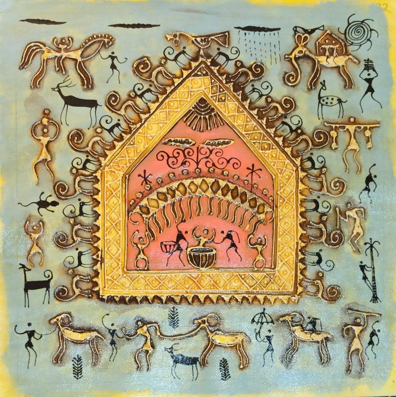 Figurative warli traditional art titled 'Warli Art 23', 12x12 inches, by artist Pradeep Swain on Canvas