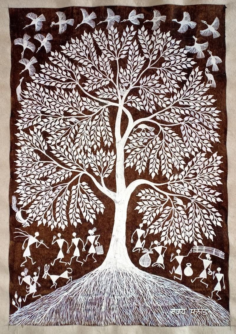 Lifestyle warli traditional art titled 'Warli Art 30', 18x12 inches, by artist Sanjay Parhad on Cloth