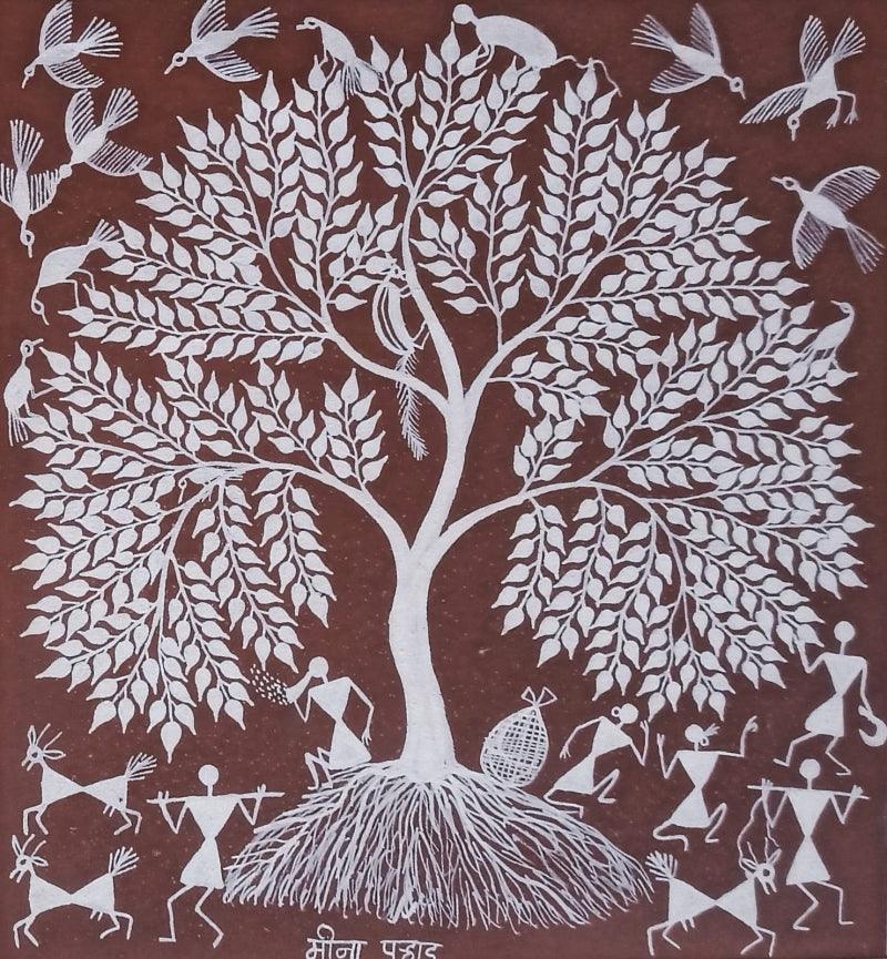 Figurative warli traditional art titled 'Warli Art 32', 9x8 inches, by artist Sanjay Parhad on Cloth