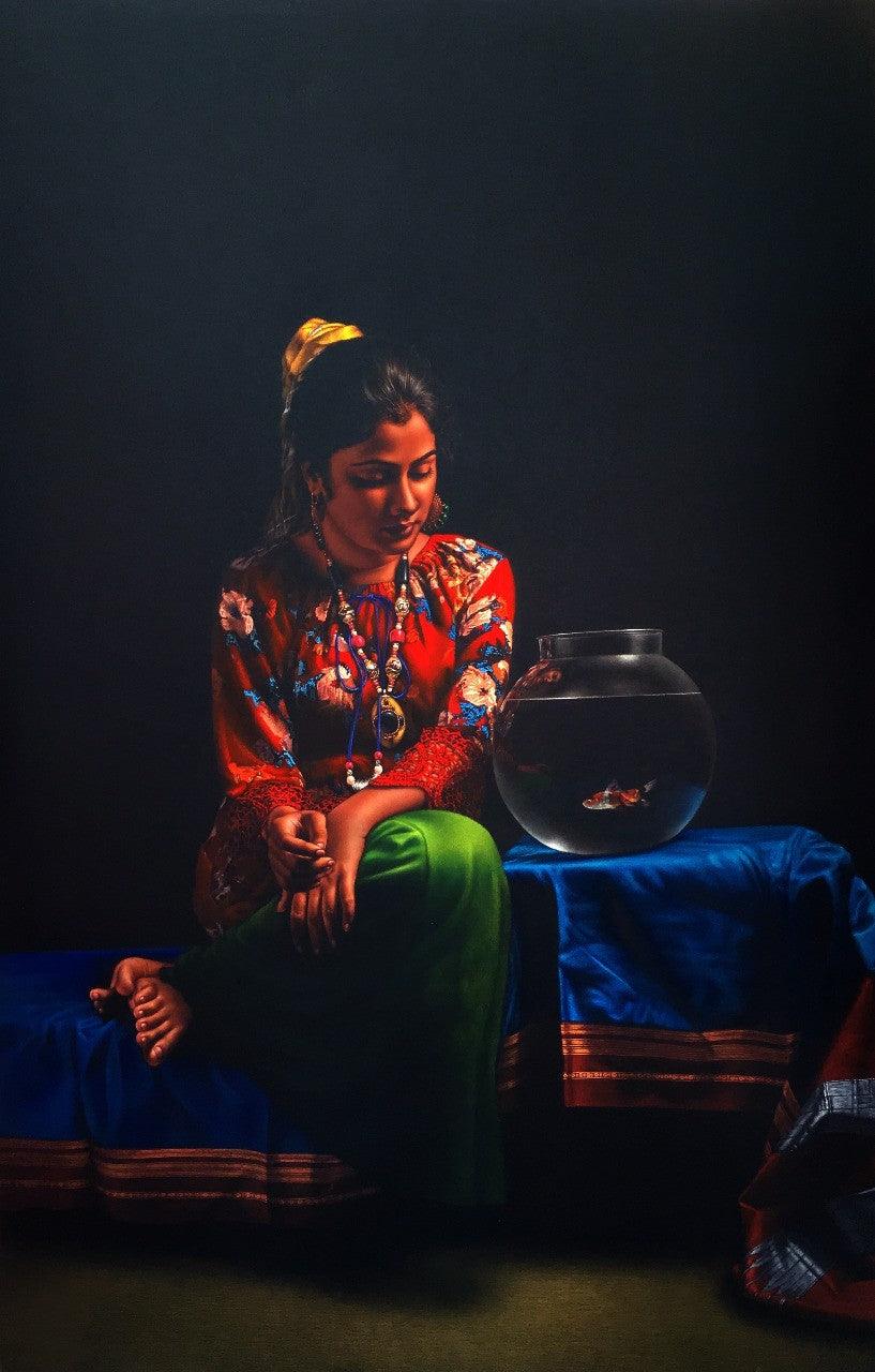 Realistic color pencil drawing titled 'Watching', 60x40 inches, by artist Shashikant Dhotre on Paper