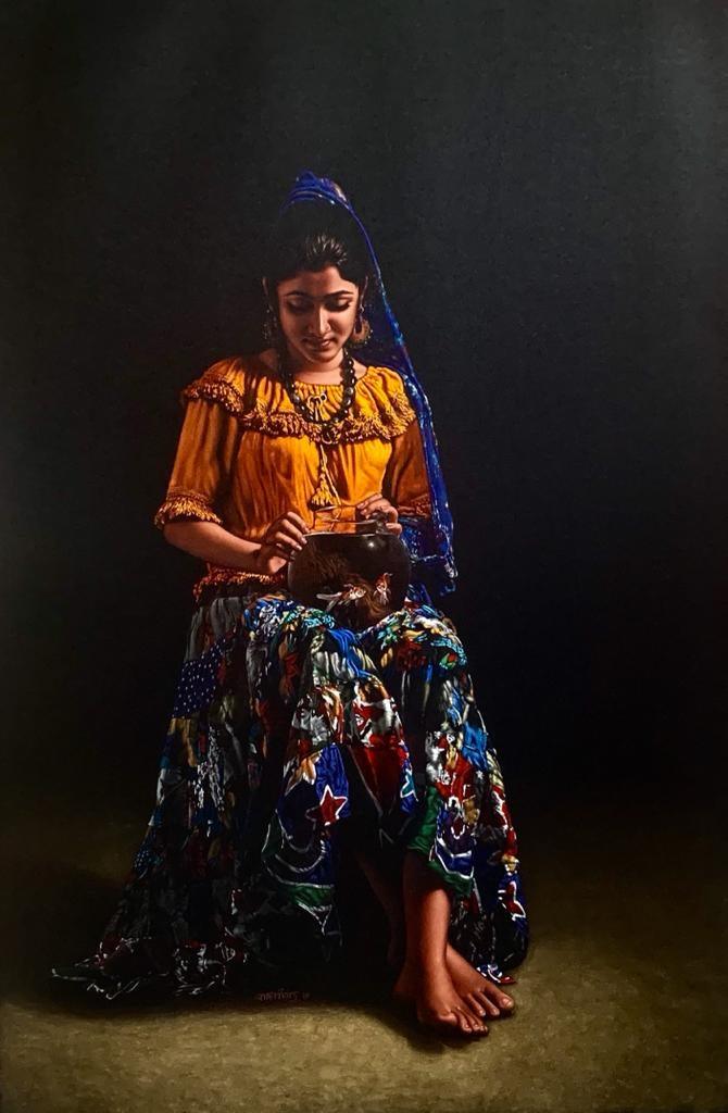 Figurative color pencil drawing titled 'Watching', 60x40 inches, by artist Shashikant Dhotre on Paper