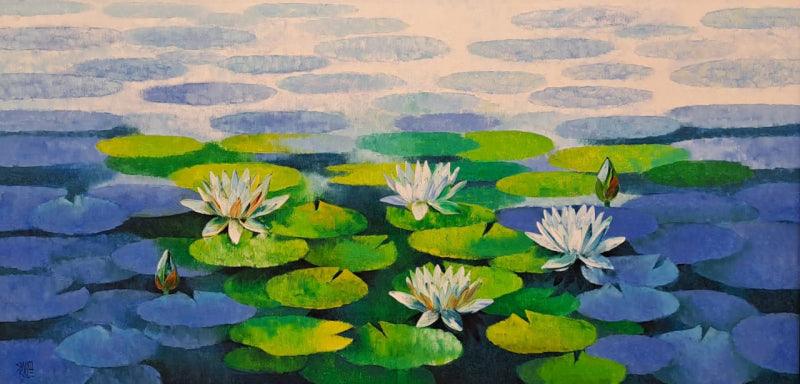 Nature oil painting titled 'Waterlilies 101', 30x60 inches, by artist Swati Kale on Canvas