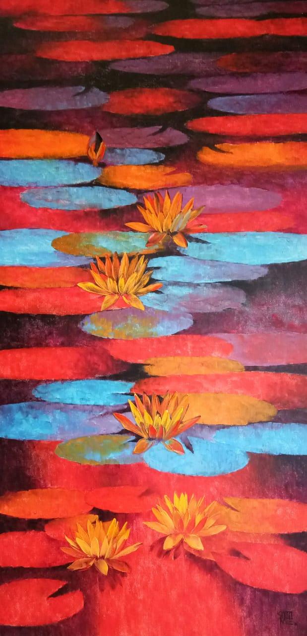 Nature oil painting titled 'Waterlilies 102', 60x30 inches, by artist Swati Kale on Canvas