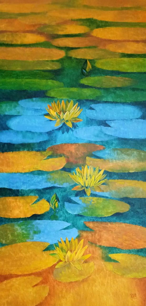 Nature oil painting titled 'Waterlilies 103', 60x30 inches, by artist Swati Kale on Canvas