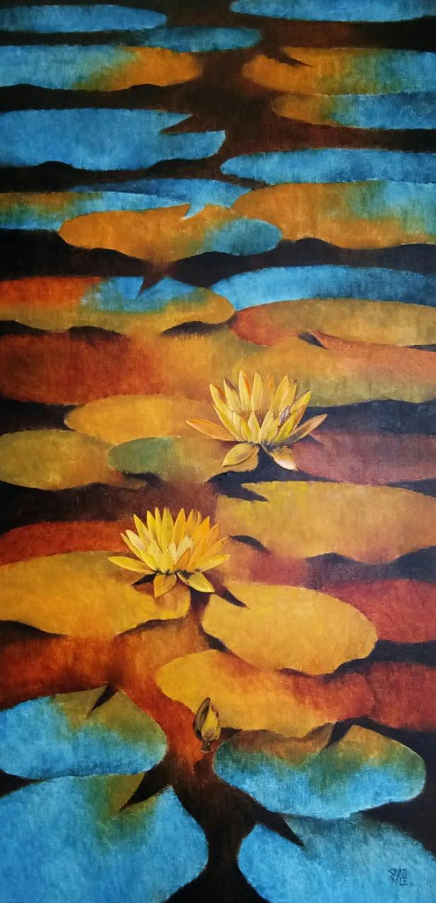 Nature oil painting titled 'Waterlilies 111', 60x30 inches, by artist Swati Kale on Canvas