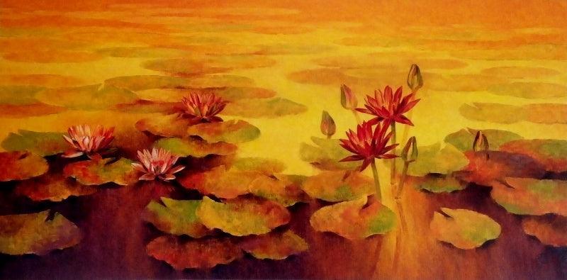 Nature oil painting titled 'Waterlilies 2', 30x60 inches, by artist Swati Kale on Canvas