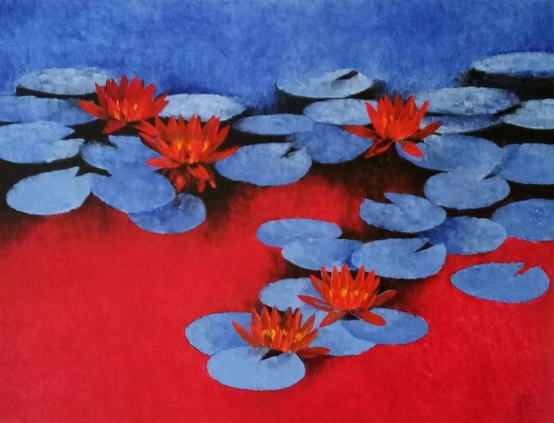 Nature oil painting titled 'Waterlilies 3', 32x42 inches, by artist Swati Kale on Canvas