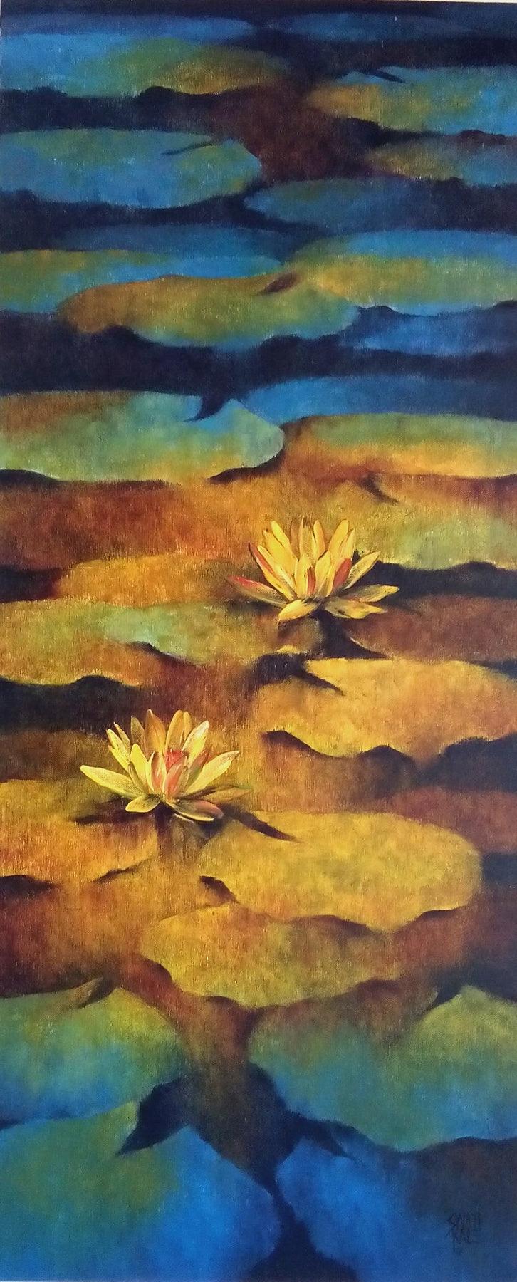 Nature oil painting titled 'Waterlilies 4', 42x18 inches, by artist Swati Kale on Canvas