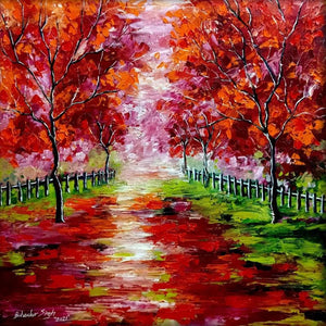 Nature oil painting titled 'Way Of Life 5', 39x39 inches, by artist Bahadur Singh on Canvas