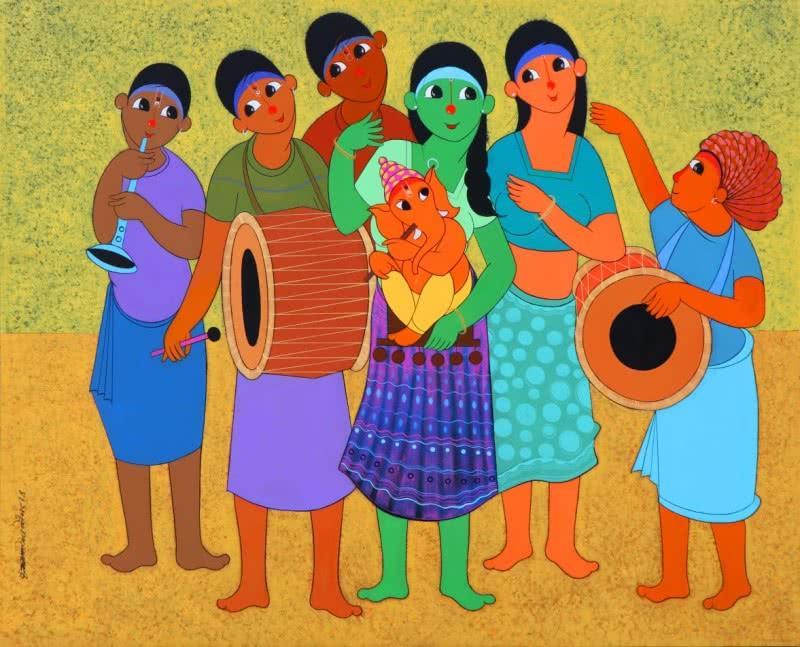 Religious acrylic painting titled 'Welcome Ganesha', 48x60 inches, by artist Dnyaneshwar Bembade on Canvas