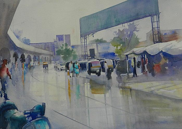 Cityscape watercolor painting titled 'Wet Nagpur', 16x21 inches, by artist Bijay Biswaal on Arches Paper