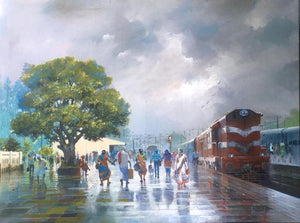 Cityscape acrylic painting titled 'Wet Platform 32', 36x48 inches, by artist Bijay Biswaal on Canvas