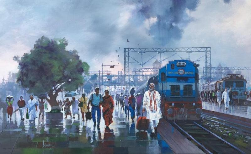 Cityscape acrylic painting titled 'Wet Platform', 30x50 inches, by artist Bijay Biswaal on Canvas