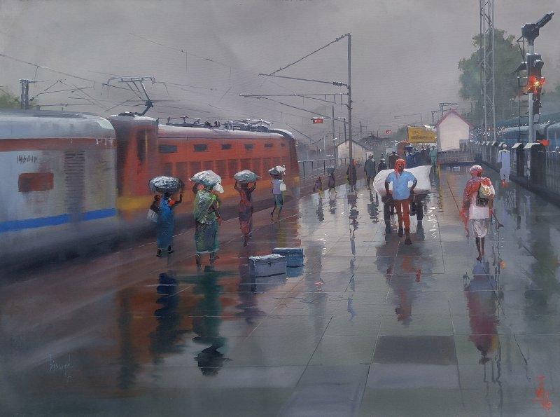 Cityscape acrylic painting titled 'Wet Platform', 30x36 inches, by artist Bijay Biswaal on Canvas