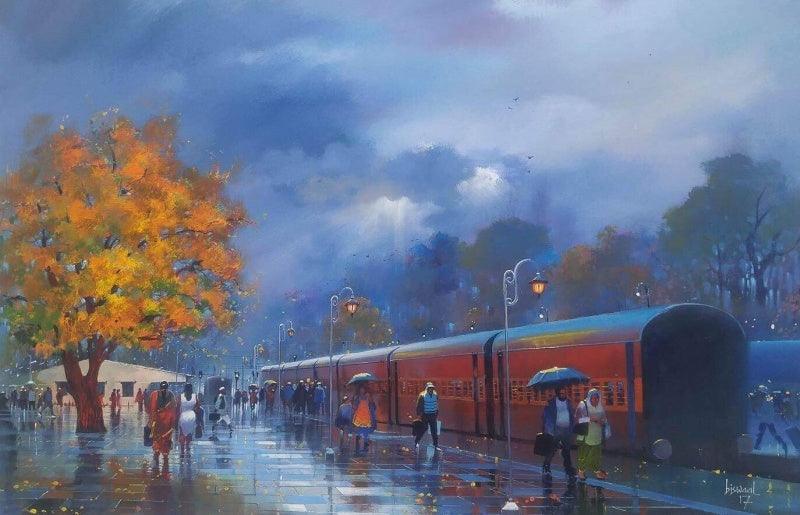 Cityscape acrylic painting titled 'Wet Platform', 26x40 inches, by artist Bijay Biswaal on Canvas