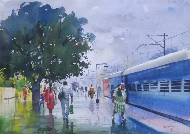 Cityscape watercolor painting titled 'Wet Platform Korba', 14x20 inches, by artist Bijay Biswaal on Handmade Paper