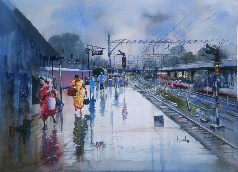 Cityscape watercolor painting titled 'Wet Platform Nagpur', 21x25 inches, by artist Bijay Biswaal on Paper