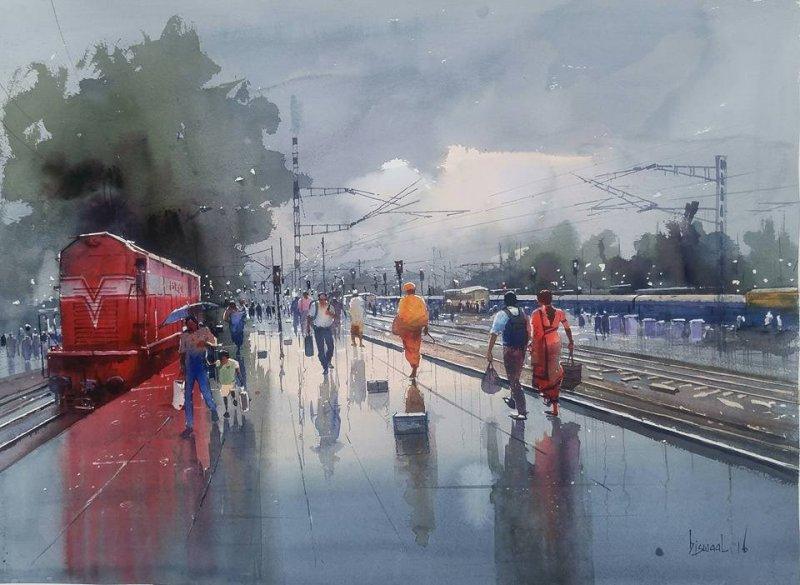 Cityscape watercolor painting titled 'Wet Platform Red', 22x28 inches, by artist Bijay Biswaal on Arches Paper
