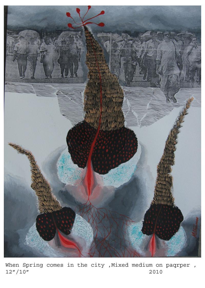 Surrealist mixed media painting titled 'When Spring Comes In The City', 12x10 inches, by artist Mithun Dasgupta on Acid Free Paper