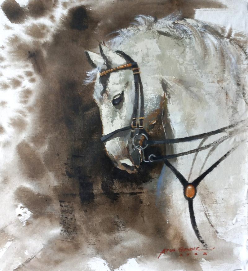 Animals acrylic painting titled 'White Horse', 16x16 inches, by artist Atul Gendle on Canvas