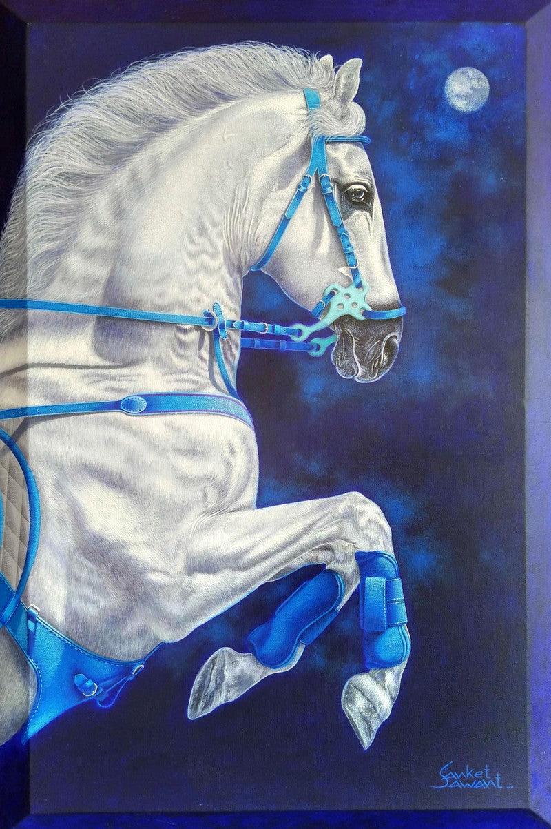 Animals acrylic painting titled 'White Horse', 36x24 inches, by artist Sanket Sawant on Canvas