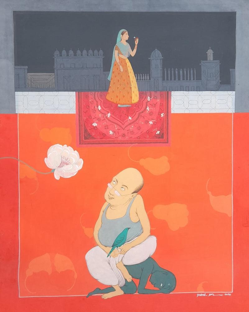 Figurative tempera painting titled 'Wild Nature', 41x30 inches, by artist Subir Dey on Treated Cloth