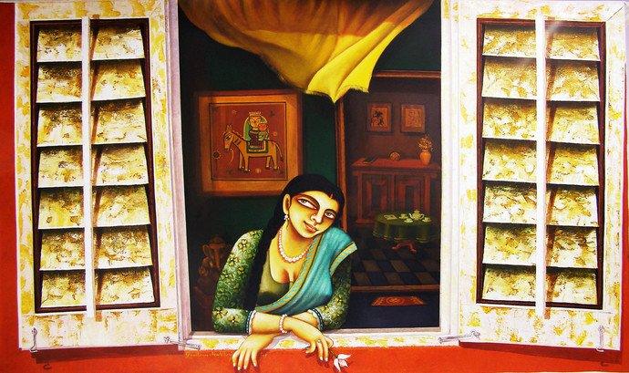 Figurative acrylic painting titled 'Window', 60x36 inches, by artist Gautam Mukherjee on Canvas