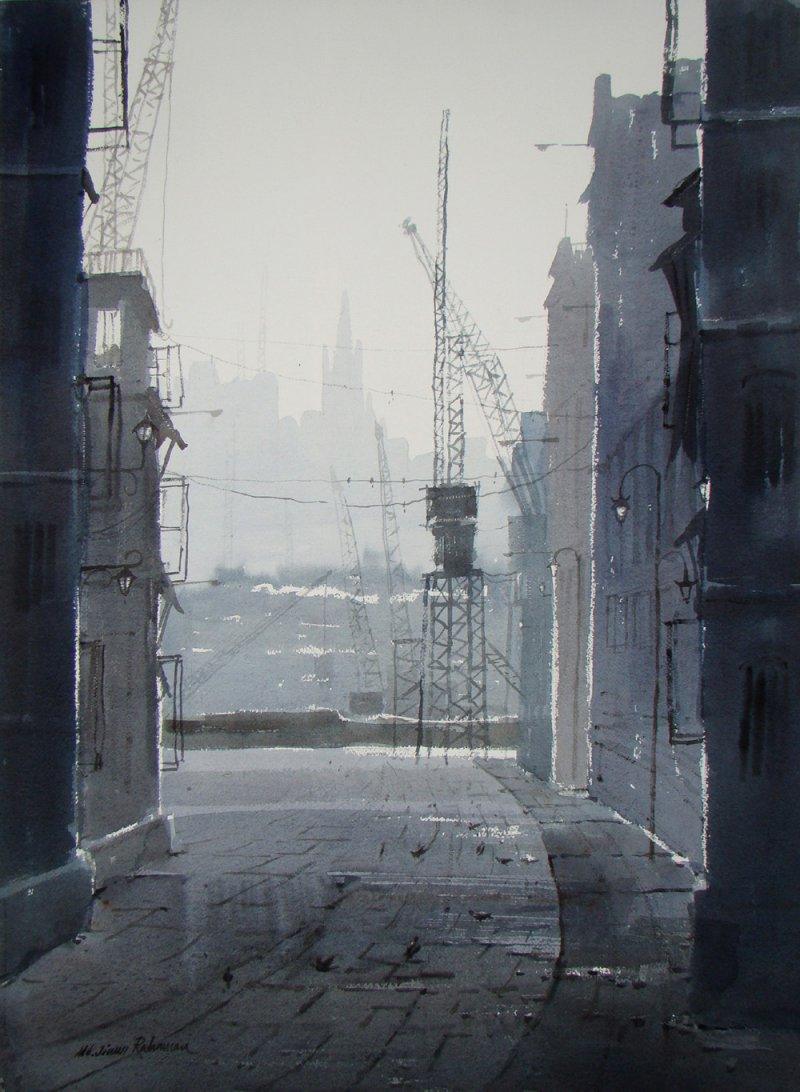 Cityscape watercolor painting titled 'Winter', 30x22 inches, by artist Jiaur Rahman on Paper