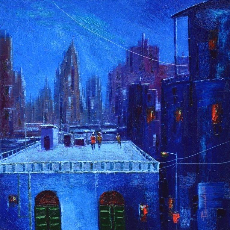 Cityscape oil painting titled 'Winter', 24x24 inches, by artist Purnendu Mandal on Canvas
