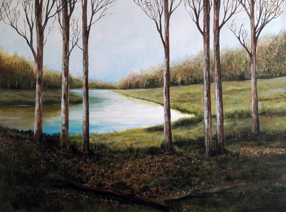 Nature acrylic painting titled 'Winter', 34x43 inches, by artist Seby Augustine on Canvas