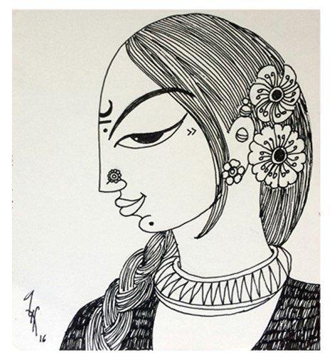 Figurative ink drawing titled 'Woman', 5x5 inches, by artist Varsha Kharatamal on Paper