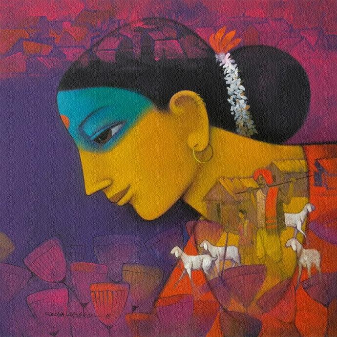 Figurative acrylic painting titled 'Woman', 24x24 inches, by artist Sachin Akalekar on Canvas