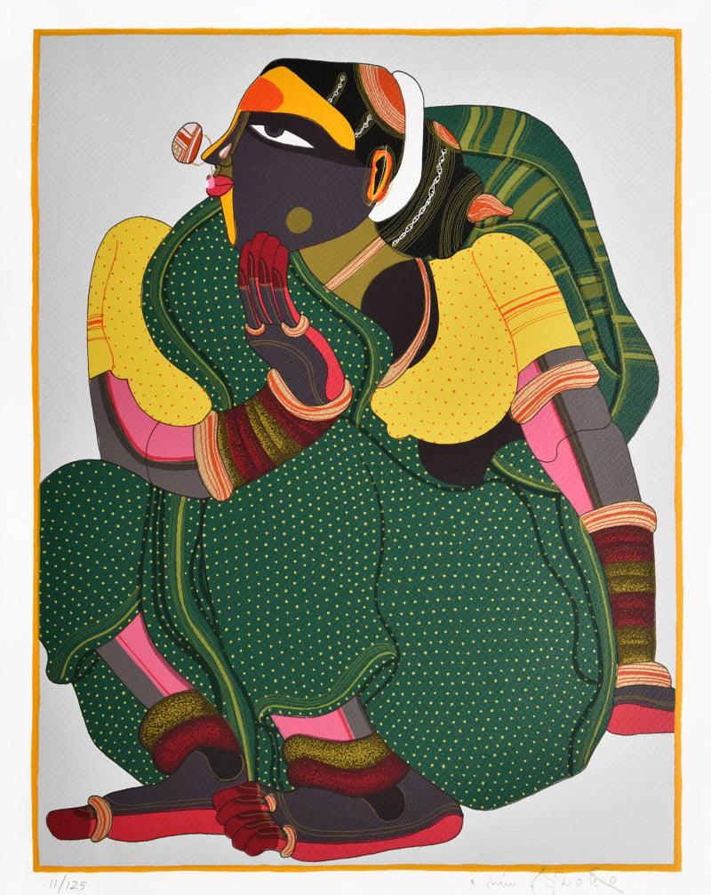 Figurative serigraphs painting titled 'Woman In Green', 20x16 inches, by artist Thota Vaikuntam on Paper