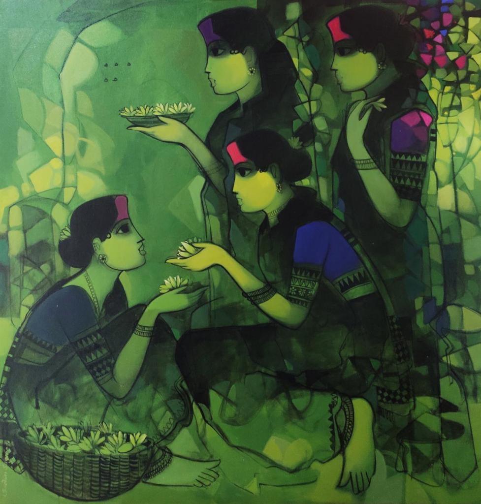 Figurative acrylic painting titled 'Women In Group 2', 48x48 inches, by artist Sachin Sagare on Canvas