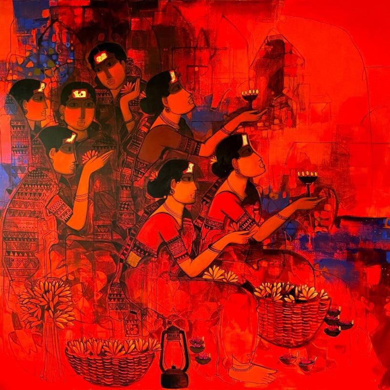Figurative acrylic painting titled 'Women In Group 5', 80x80 inches, by artist Sachin Sagare on Canvas