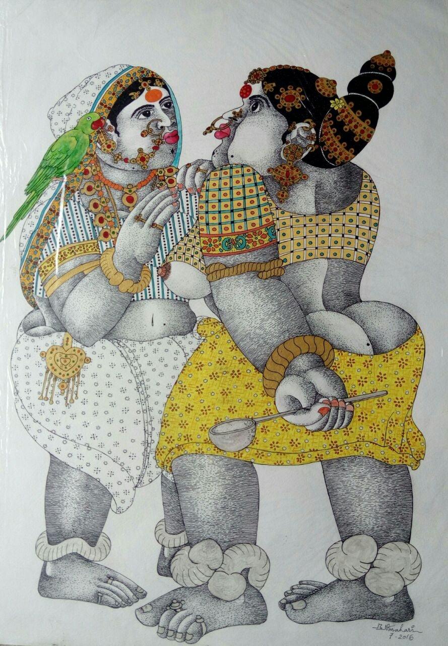 Figurative pen ink drawing titled 'Women with parrot 1', 30x22 inches, by artist Bhawandla Narahari on Paper