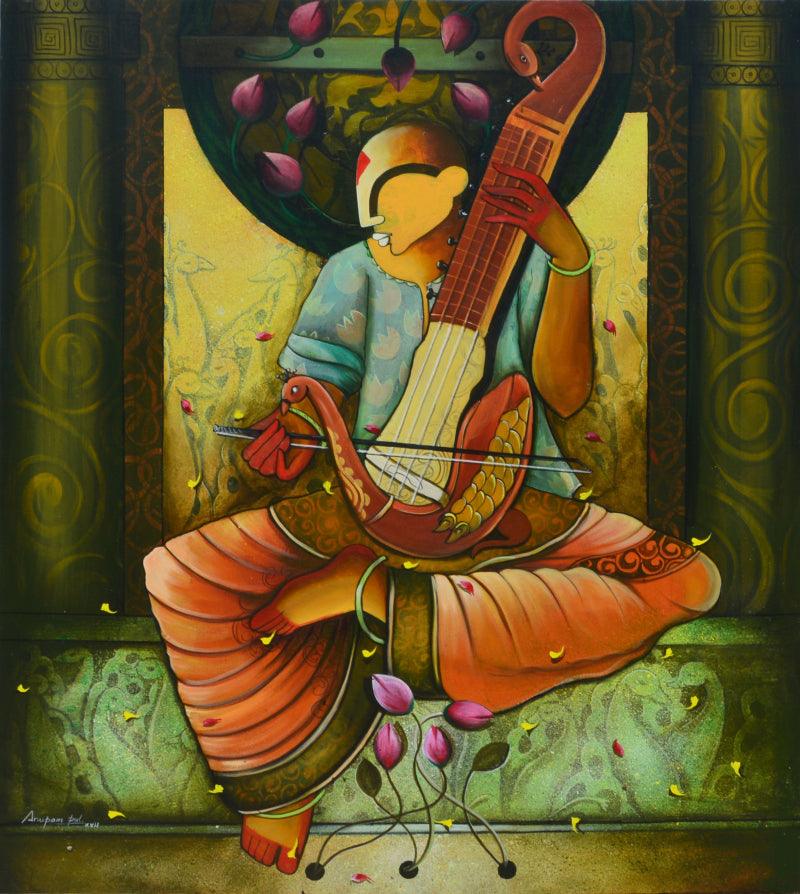 Figurative acrylic painting titled 'World on a String', 54x48 inches, by artist Anupam Pal on canvas