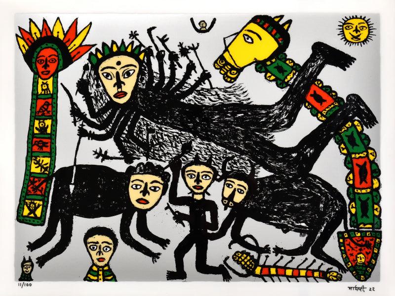 Figurative reverse serigraph painting titled 'Worship', 24x32 inches, by artist Madhvi Parekh on Acrylic