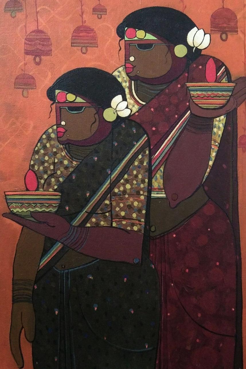 Figurative acrylic painting titled 'Worship', 18x12 inches, by artist Priyanka Chivte on Canvas