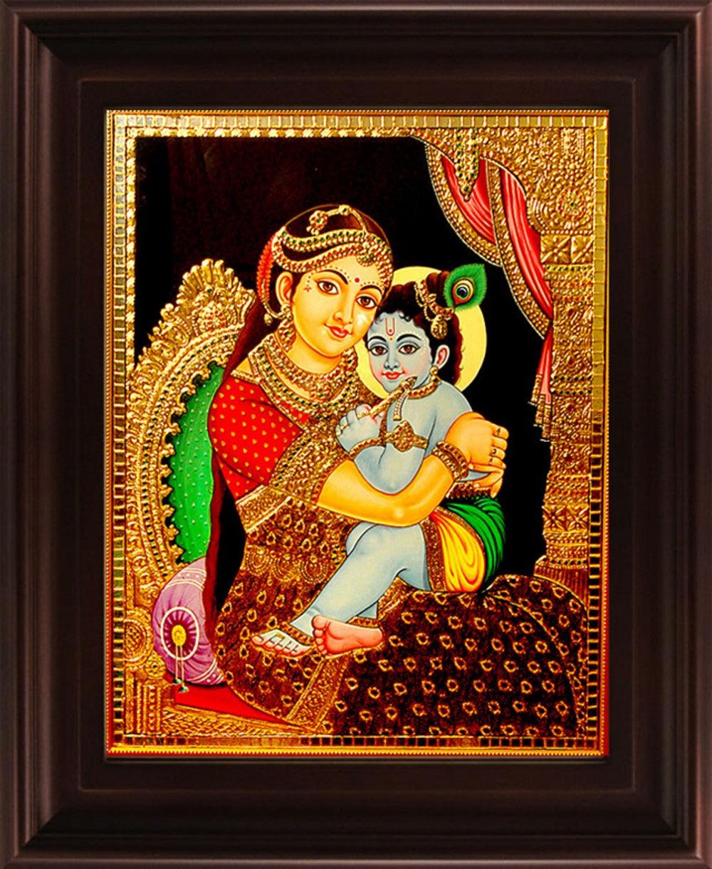 Religious tanjore traditional art titled 'Yashoda Krishna Tanjore Painting', 24x18 inches, by artist Myangadi Tanjore on Plywood