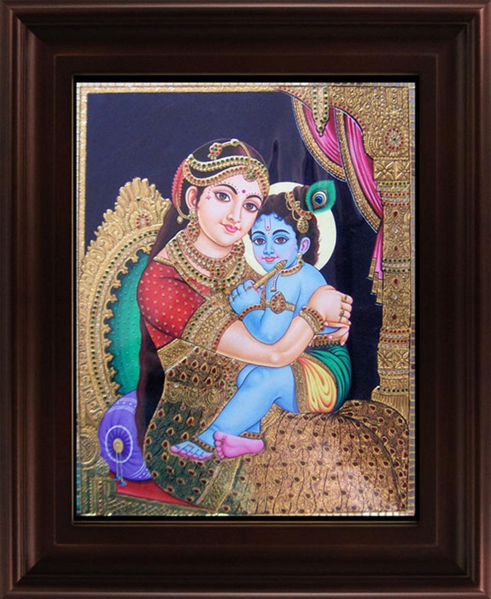Religious tanjore traditional art titled 'Yasotha Krishna Tanjore Painting', 24x18 inches, by artist Myangadi Tanjore on Plywood
