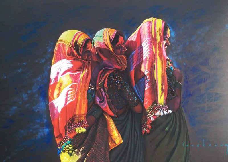 Realistic color pencil drawing titled 'Yatrekaru', 25x34 inches, by artist Parshuram Patil on Paper