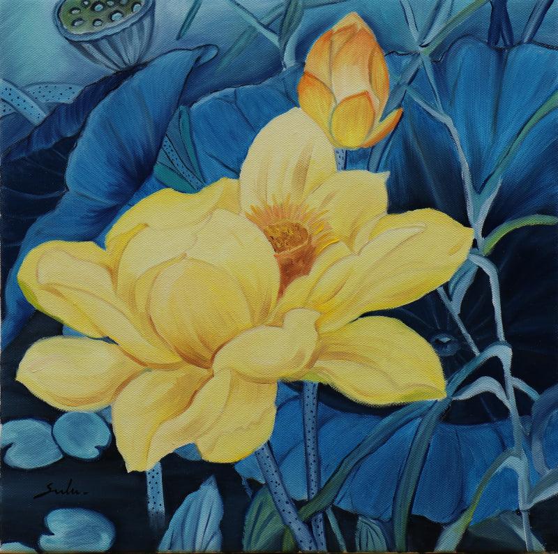 Nature oil painting titled 'Yellow Flower', 18x18 inches, by artist Sulakshana Dharmadhikari on canvas