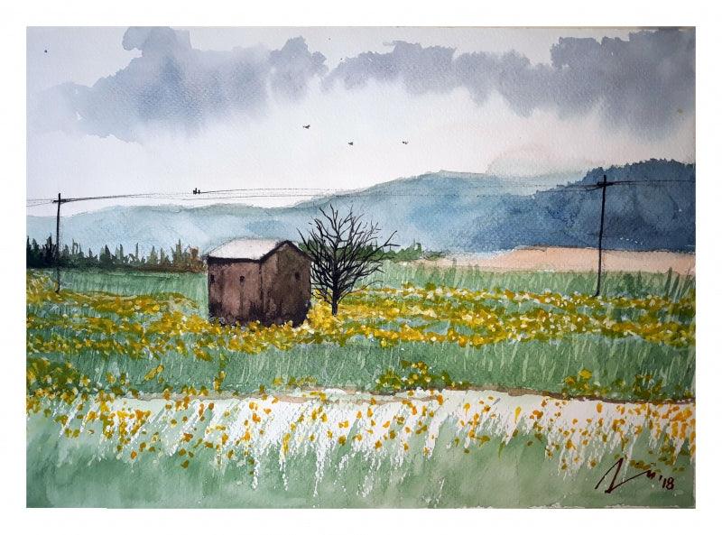 Cityscape watercolor painting titled 'Yellow Flowers', 7x11 inches, by artist Arunava Ray on Paper